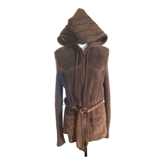 Vintage Suede patchwork knit belted boho jacket. Sz L - Picture 4 of 16